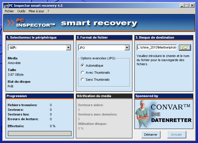 écran de travail de PC Inspector smart recovery